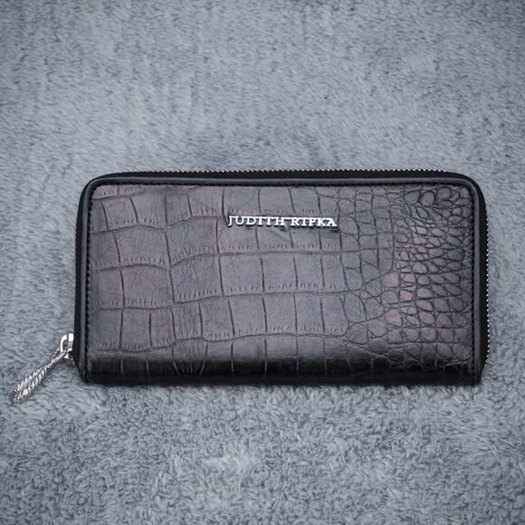 Judith Ripka Black Embossed Leather Zip Continental Zip Wallet & Credit Card - Picture 1 of 6